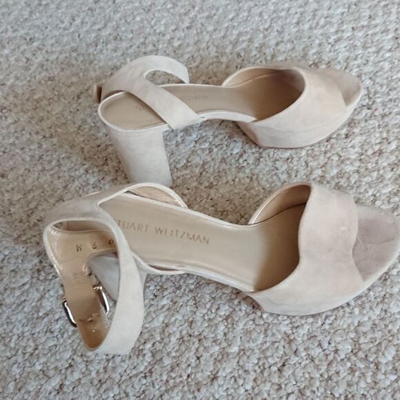 Stuart Weitzman Open Scalloped Taupe Sued Platform Sandal size 8.5M - Picture 2 of 12